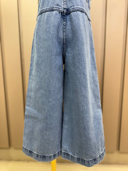 Jardineira Infantil Jeans Maxi Laço com Blusa Básica Off White - Momi
