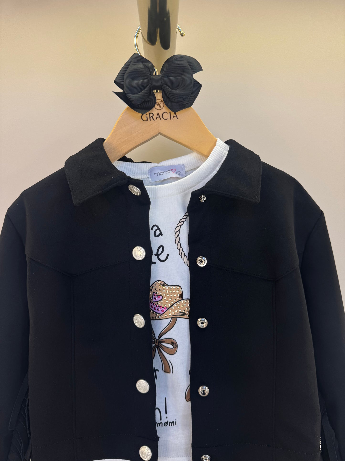 Conjunto Infantil Blusa Rodeio com Jaqueta Franjas e Saia Suede Preta - Momi