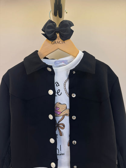 Conjunto Infantil Blusa Rodeio com Jaqueta Franjas e Saia Suede Preta - Momi