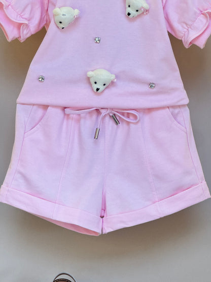 Conjunto Infantil Blusa e Short Comfy com Ursinhos Rosa - Gabriela Aquarela