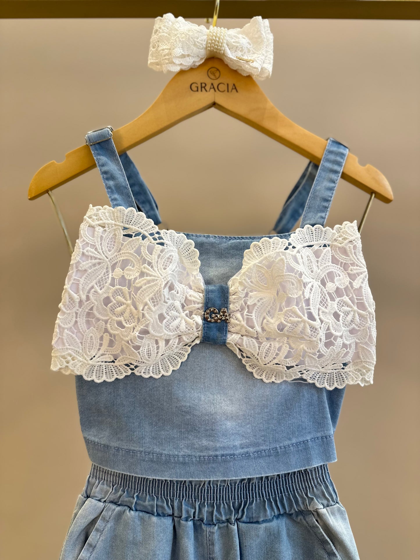 Conjunto Infantil Cropped Maxi Laço Renda e Calça Wide Jeans - Gabriela Aquarela