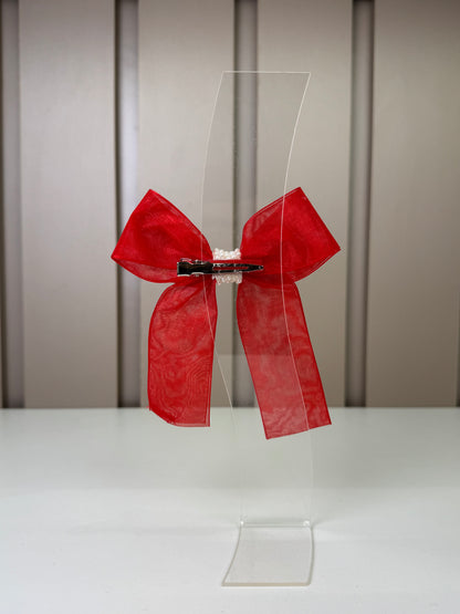 Laço Infantil Organza Vermelho Miolo Pérolas - Roana