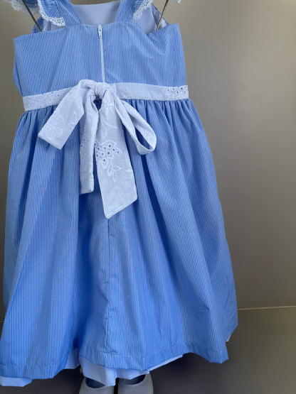 Vestido Infantil Tricoline Azul Listrado Laço Com Limões e Barra Em Tule - Gabriela Aquarela