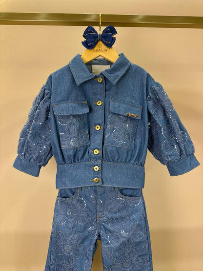 Conjunto Infantil Jaqueta e Calça Jeans Bordada Tule Flores - Animê