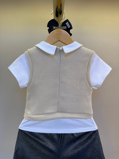 Conjunto Infantil Short  Preto Com Brilho E Pullover Tricot Com Falsa Camisa Bege- Gabriela Aquarela