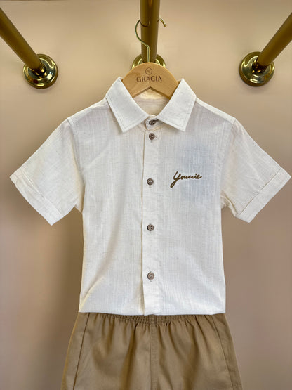 Conjunto Infantil Camisa Manga Curta e Bermuda Off White - Youccie