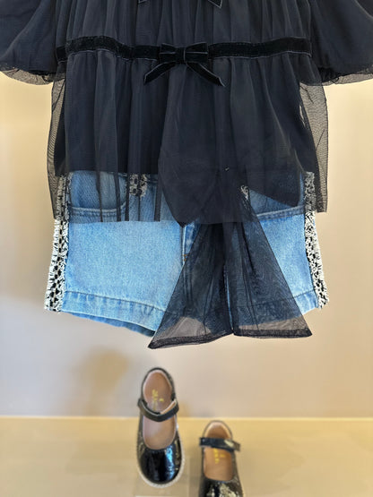 Conjunto Infantil BlusaTule Laço Veludo Preta e Shorts Jeans Laço Preto - Animê