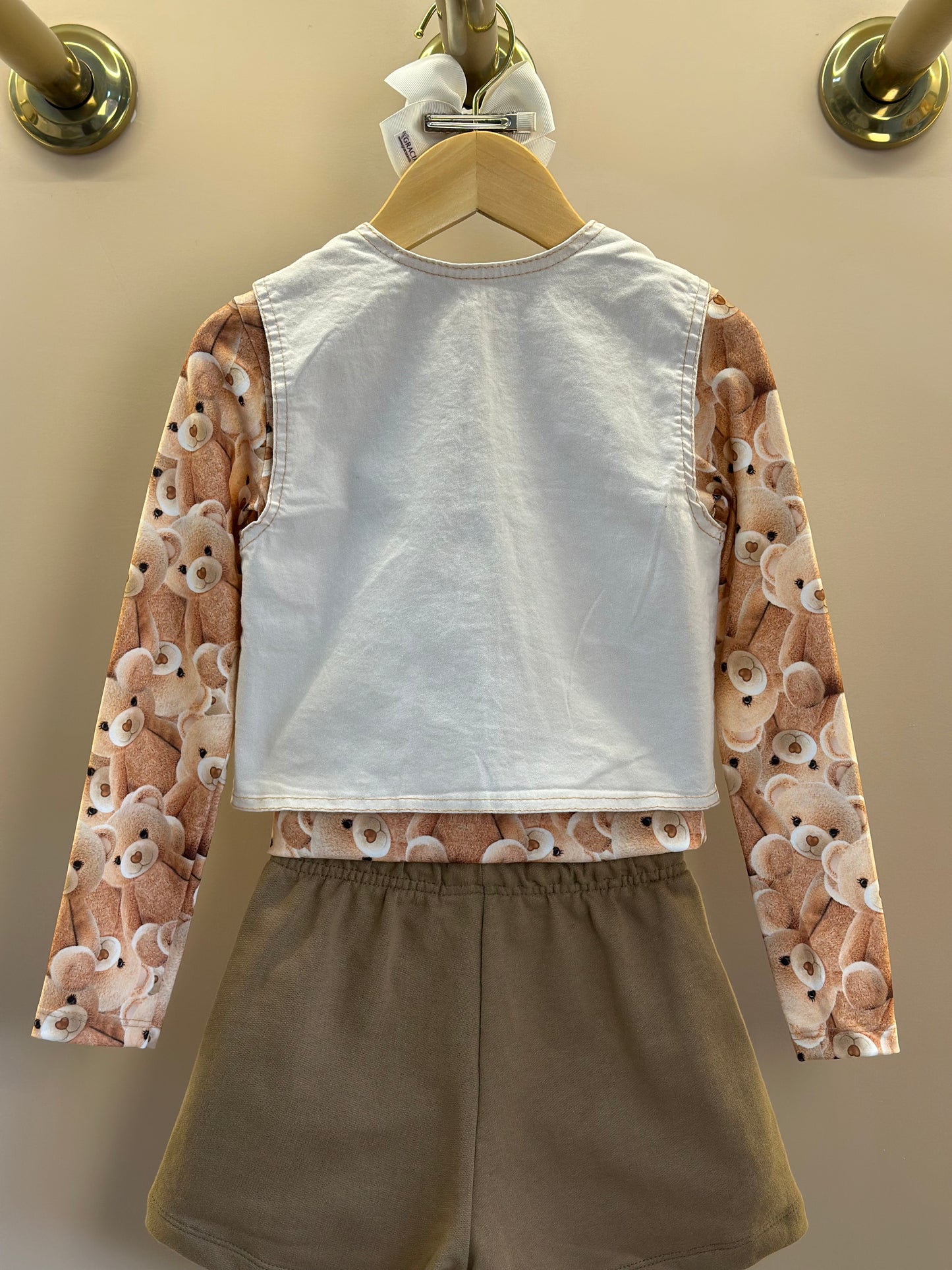 Conjunto Infantil Trio Blusa Ursinhos, Colete Sarja com Elastano e Shorts em Moletom s/ Pelúcia - Infanti