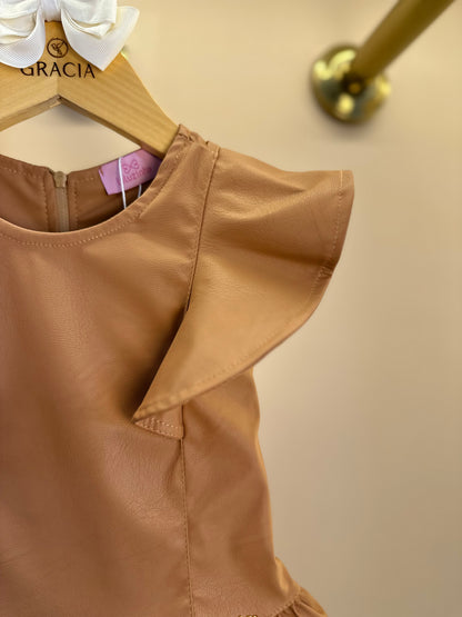 Vestido Infantil Rodado Babadinhos Couro Tech Caramelo - Luluzinha