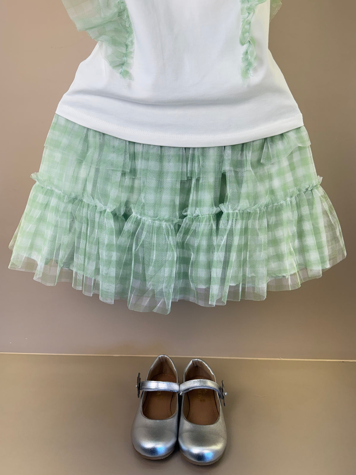 Conjunto Infantil Blusa Strass Flores e Saia Quadriculada Verde - Petit Cherie