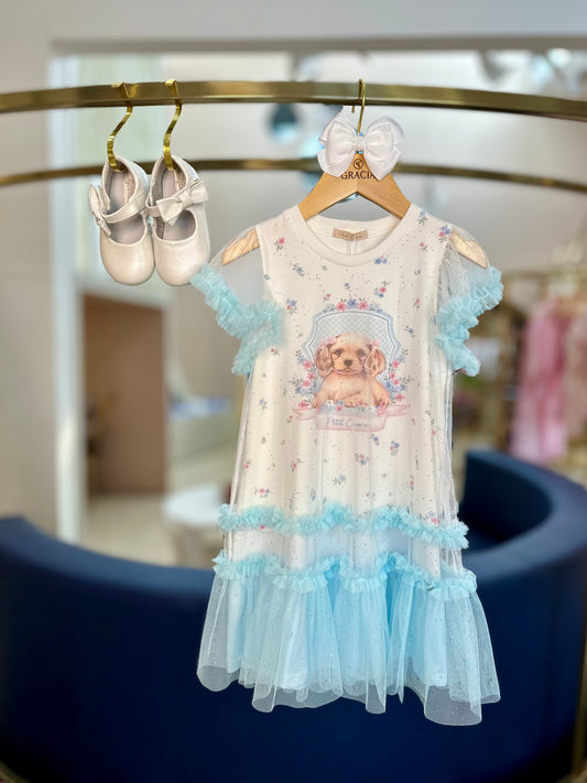 Vestido Infantil Trapézio Cachorrinhos Tule Azul - Petit Cherie