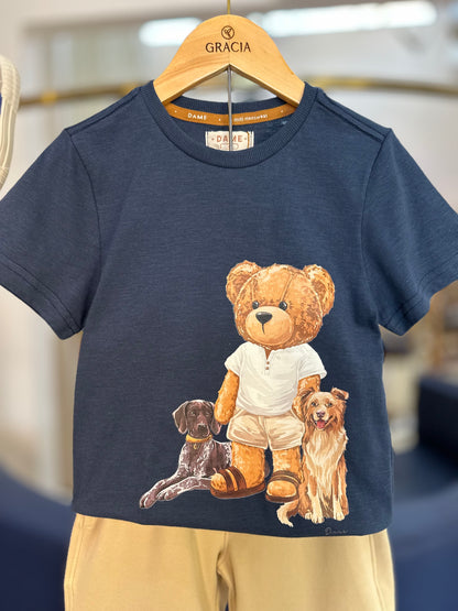 Conjunto Infantil Camiseta Teddy Cachorros Marinho e Bermuda Moletom Listra Bege - Dame