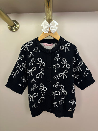 Casaco Infantil Tricot Lacinhos Bordados Pérolas e Cristais Preto - Pituchinhus