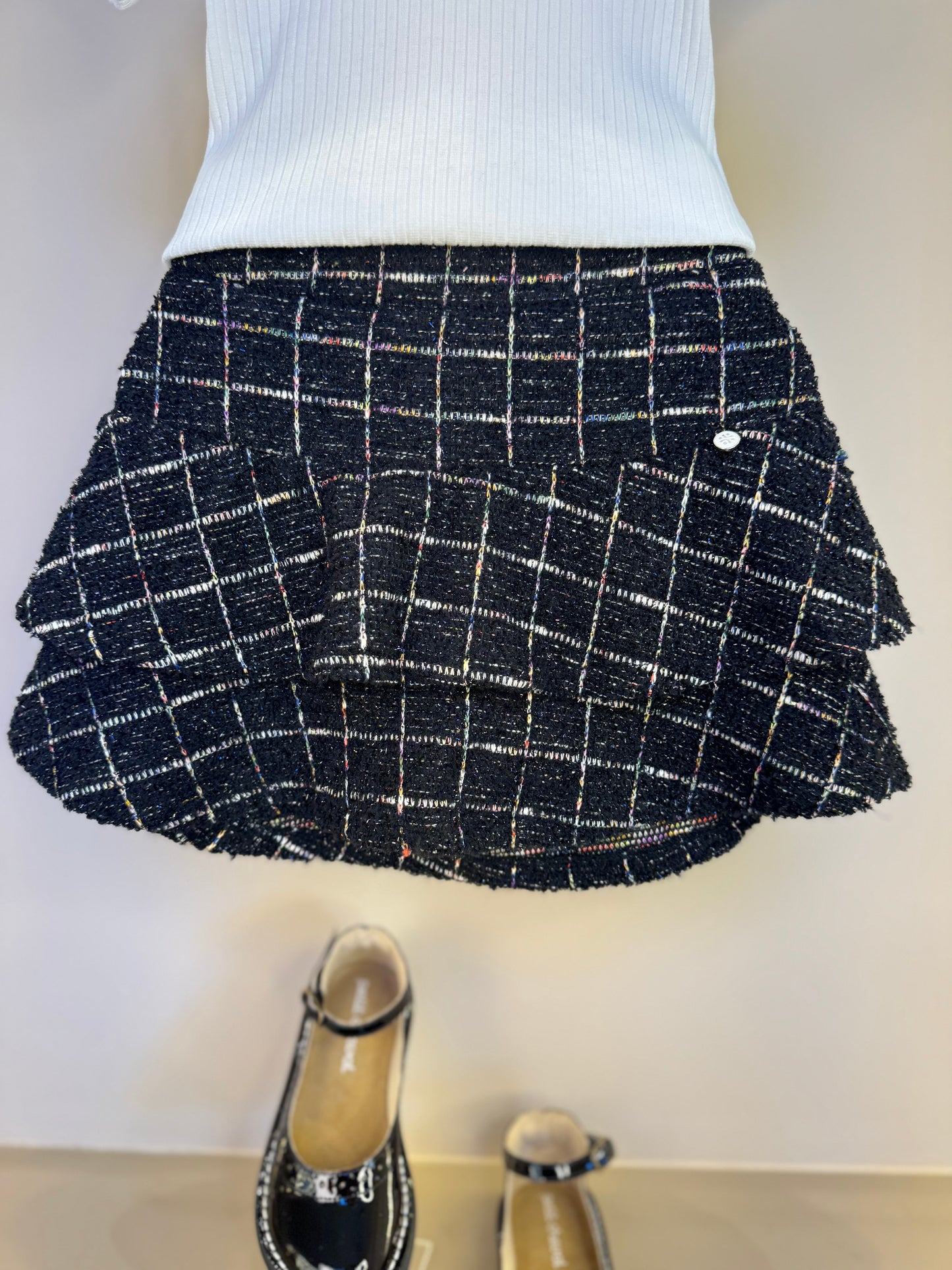 Conjunto Infantil Blusa Gola Babado e Short Tweed Xadrez- Um Mais Um
