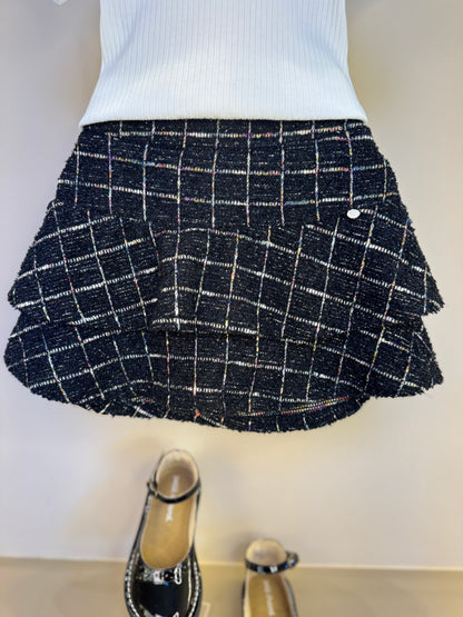 Conjunto Infantil Blusa Gola Babado e Short Tweed Xadrez- Um Mais Um
