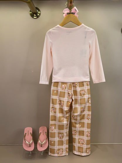 Pijama Infantil Blusa ML Ursinha de Máscara e Calça Estampada Rosa Claro - Infanti