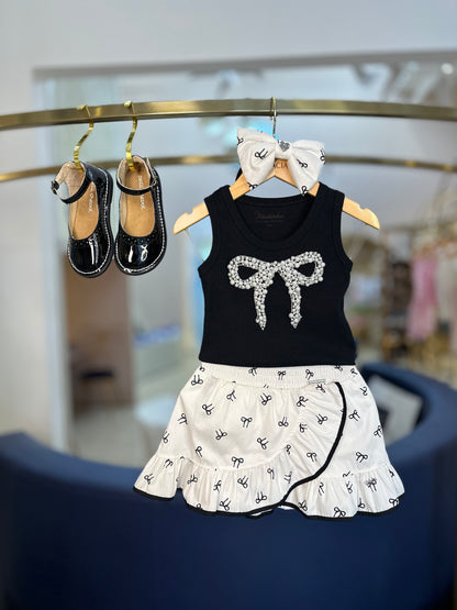 Conjunto Infantil Blusa Laço Bordado e Saia-shorts Lacinhos - Pituchinhus