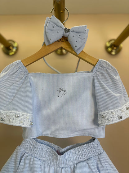 Conjunto Infantil Blusa e Shorts Algodão Listrado Renda Bordada - Pituchinhus