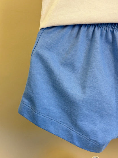Conjunto Infantil Blusa Mickey e Minnie Paris e Shorts Azul Pregas Com Pingente - Animê