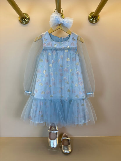 Vestido Infantil Trapézio ML Tule Jacquard Corações Azul - Petit Cherie