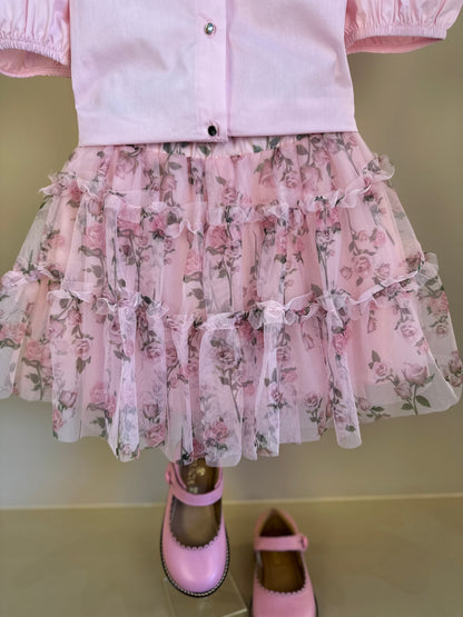 Conjunto Infantil Blusa Tricoline Golinha Patch Strass e Saia Rodada Tule Glitter Floral - Luluzinha PRÉ-VENDA