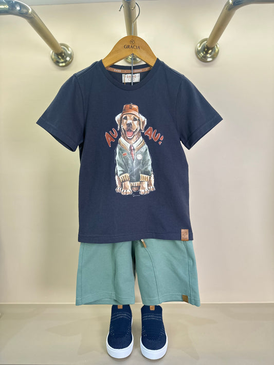 Conjunto Infantil Camiseta Golden Grafite e Bermuda Moletom Algodão Recortes Eucalipto - Dame