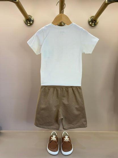 Conjunto Infantil Camiseta Algodão Listrada e Bermuda Moletom Bege - Little Johnny