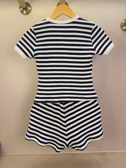 Conjunto Teen Blusa Malha Tricot Listrada com Botões e Shorts Listrado Preto - Two In