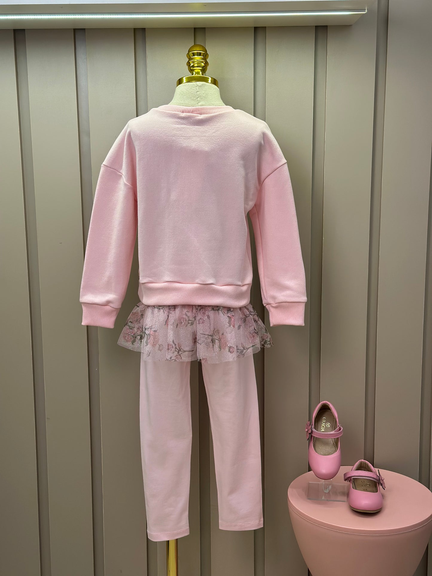 Conjunto Infantil Blusa Moletom Babado Tule Floral Glitter e Calça Legging Cotton Rosa - Luluzinha