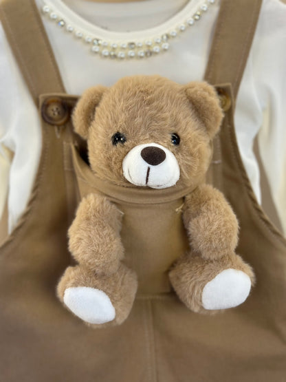 Jardineira Infantil  Sarja Ursinha Pelúcia Bege Escuro com Blusa ML Bordados Pérolas e Cristais  - Pituchinhus