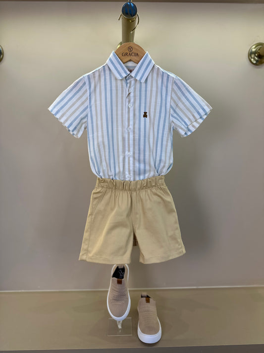 Conjunto Bebê Camisa-body Algodão Listras Azul/Amarelo e Bermuda Social Bege - Dame