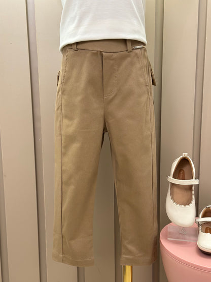 Conjunto Infantil Blusa Algodão Cotton Ursinha Colar Bordado e Calça Sarja Bolsos Laço Bege Escuro - Pituchinhus