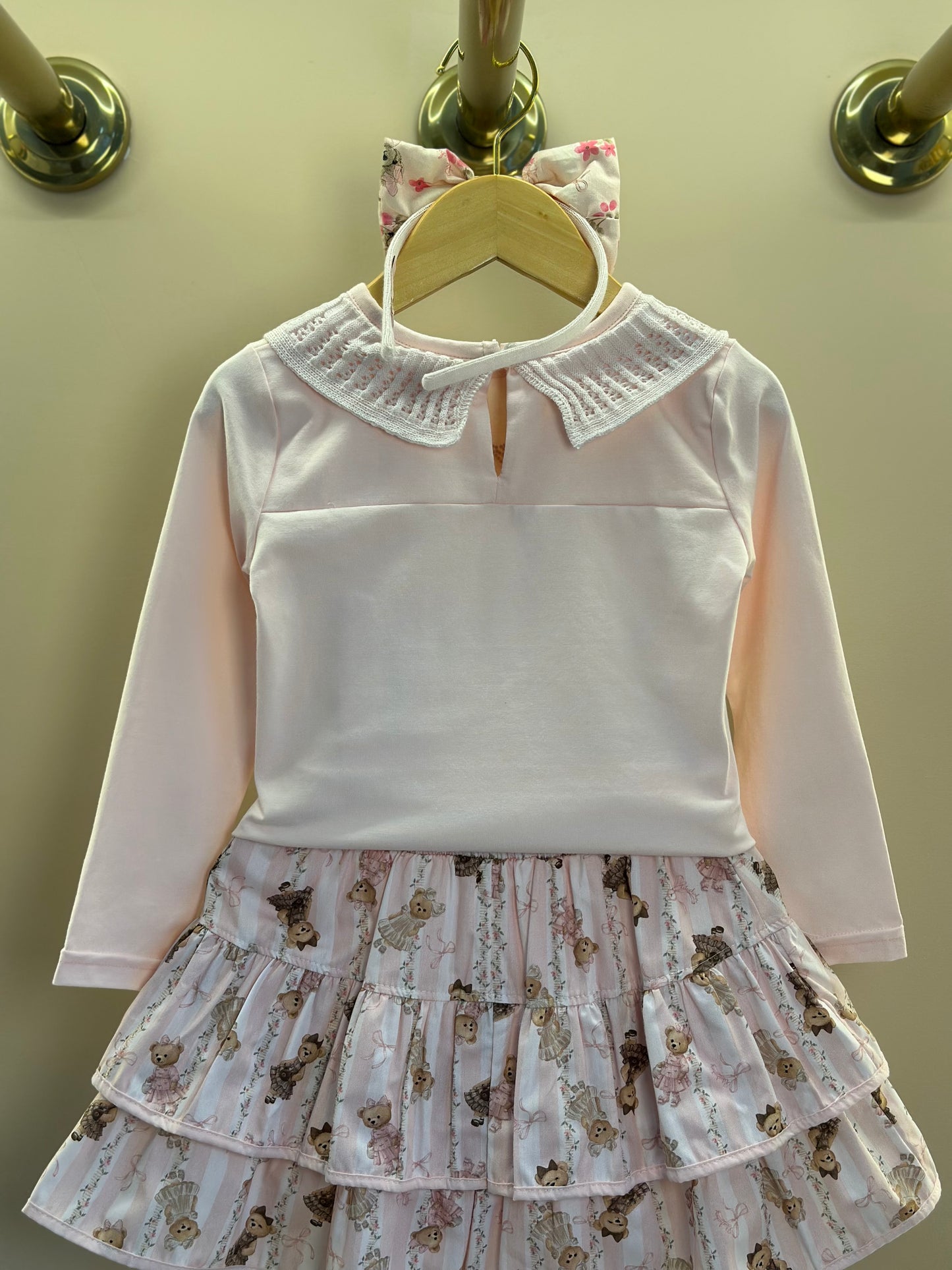 Conjunto Infantil Algodão Blusa Cotton Ursinhas Happy Gola Tricot e Saia Babados Ursinhas Listras - Pituchinhus