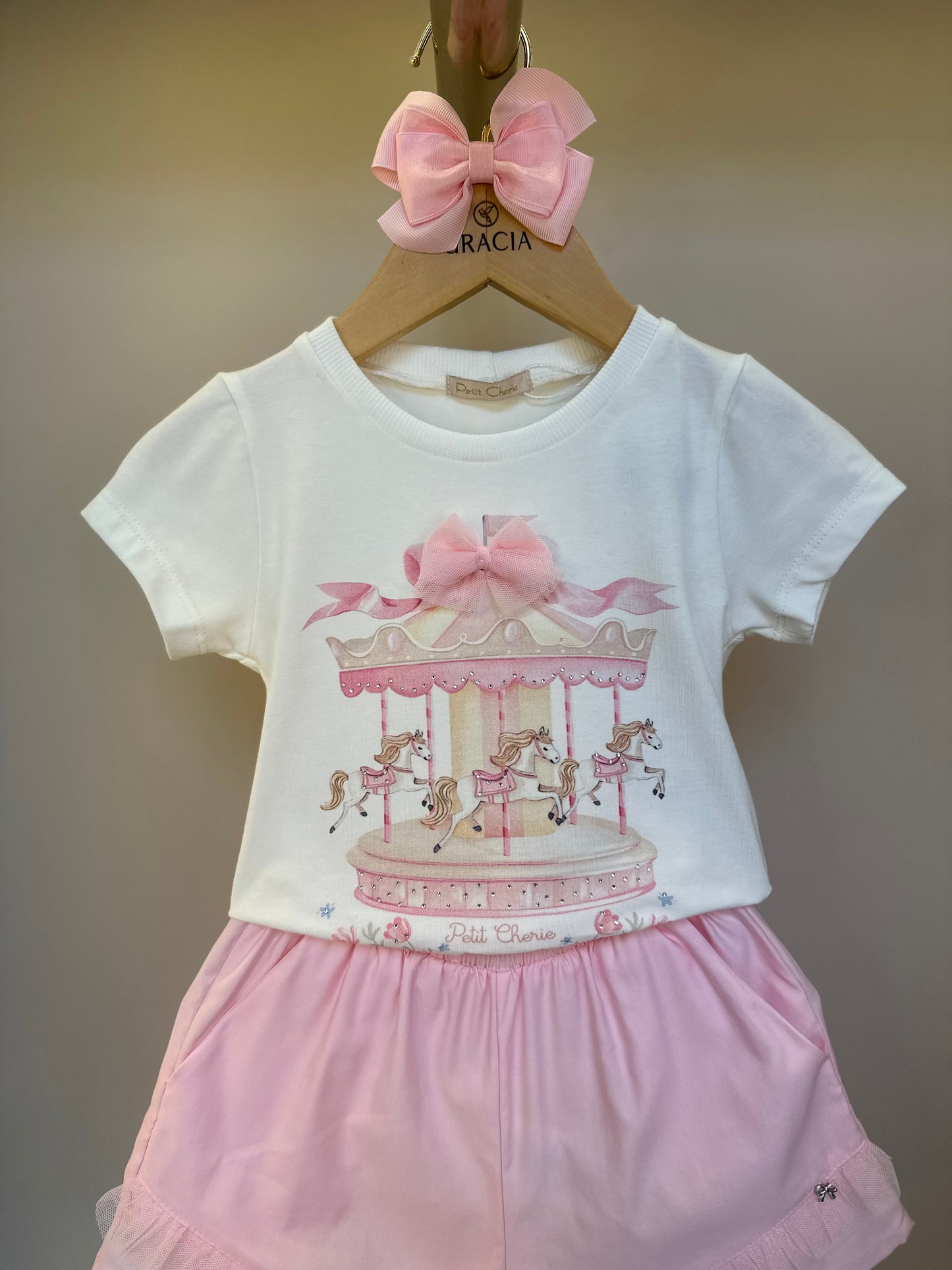 Conjunto Infantil Blusa Carrossel Shorts Babado Rosa - Petit Cherie