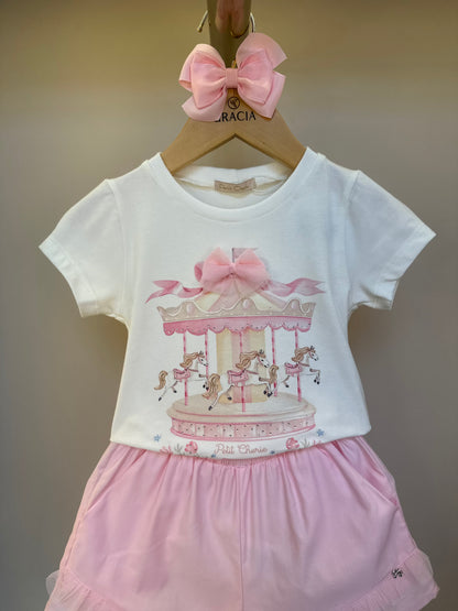 Conjunto Infantil Blusa Carrossel Shorts Babado Rosa - Petit Cherie