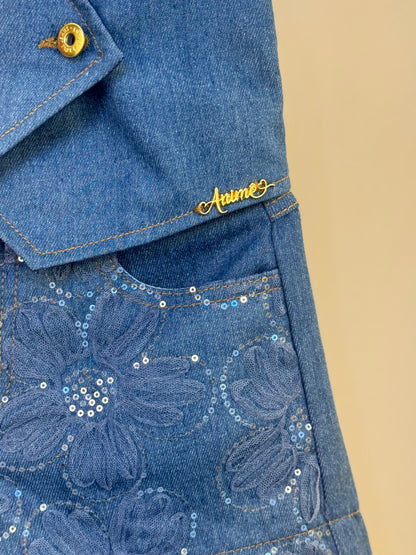 Conjunto Infantil Colete e Shorts Jeans Bordada Tule Flores - Animê