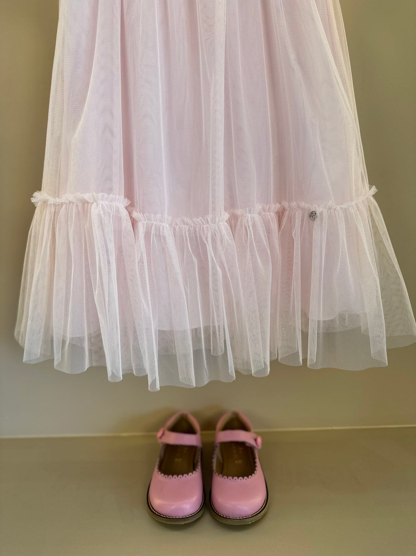 Vestido Infantil Trapézio Tule Bordado Delicado Busto Rosa - Petit Cherie