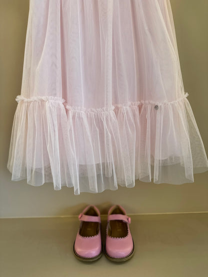 Vestido Infantil Trapézio Tule Bordado Delicado Busto Rosa - Petit Cherie