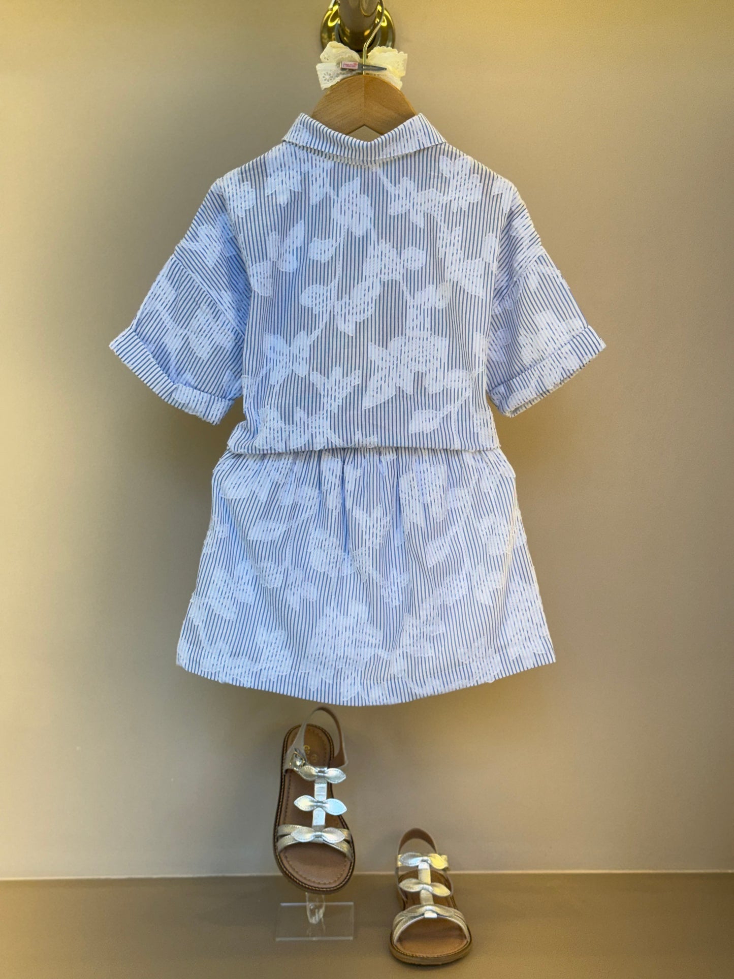 Conjunto Infantil Tricoline Camisa e Saia Short Azul Claro - Um Mais Um