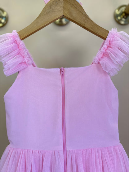 Vestido Infantil Tule Tomas e Plissado Rosa - Petit Cherie