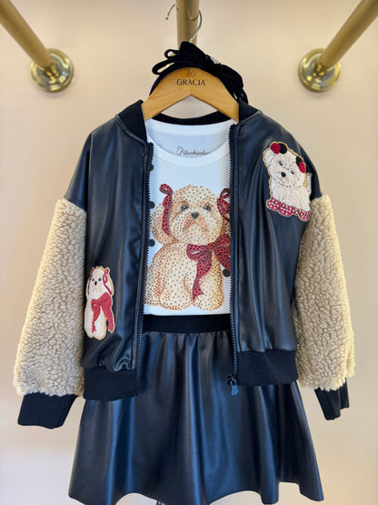 Conjunto Infantil Jaqueta Patches Couro Pele Carneirinho e Saia Evasê Couro Tech Preta - Pituchinhus