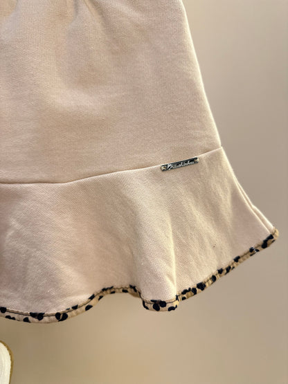 Conjunto Infantil Regata Laço Oncinha e Saia Moletom Babado Bege - Pituchinhus