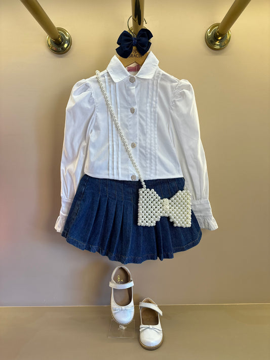 Conjunto Infantil Camisa Babadinhos Punho Pregas Branca e Saia  Jeans Pochete Laço Pérolas - Luluzinha