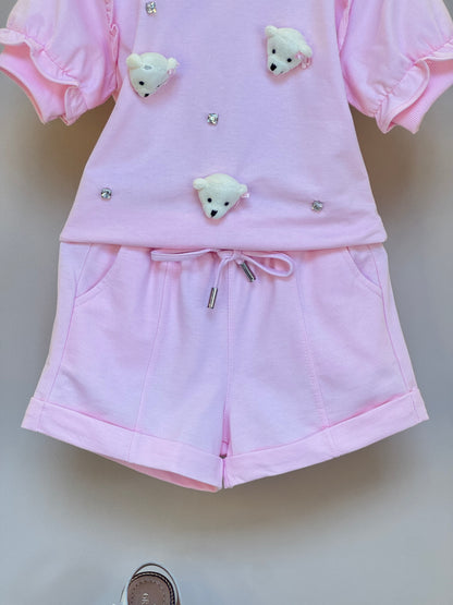 Conjunto Infantil Blusa e Short Comfy com Ursinhos Rosa - Gabriela Aquarela