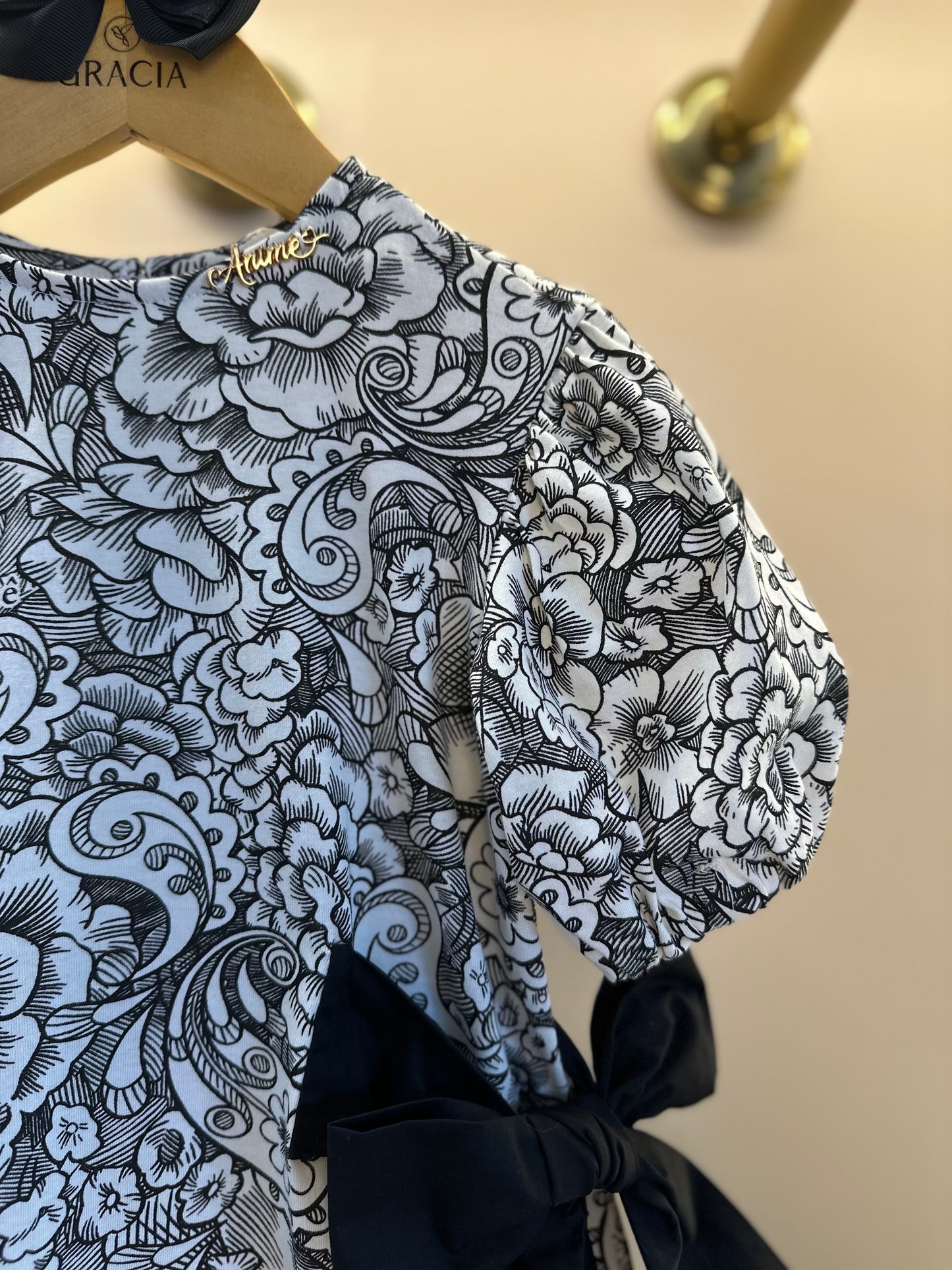 Vestido Infantil Floral Paisley Laços Preto - Animê