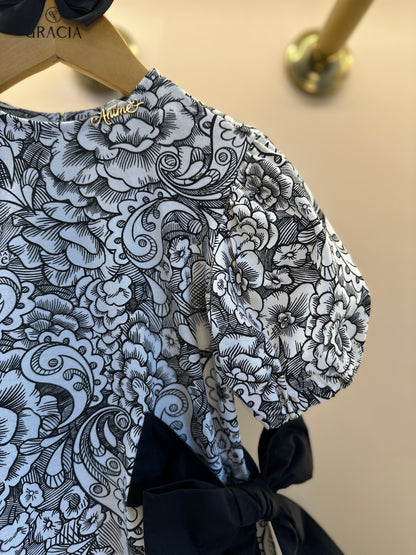 Vestido Infantil Floral Paisley Laços Preto - Animê