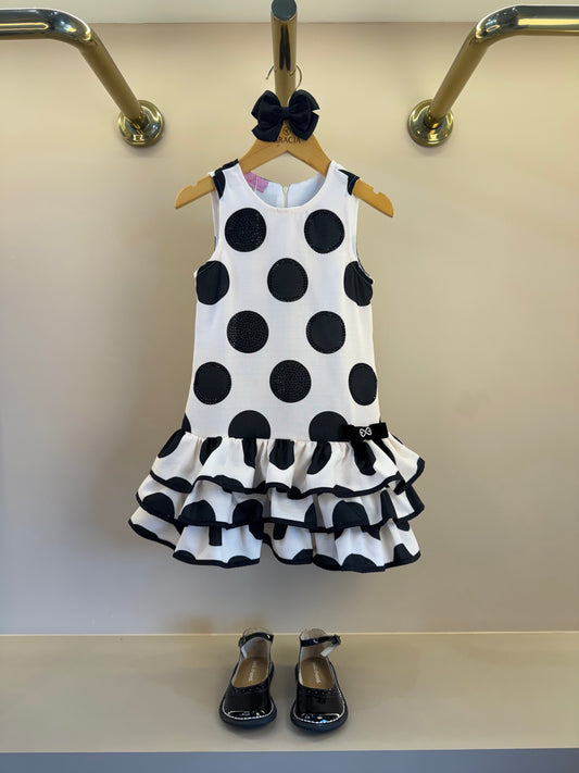 Vestido Infantil Trapézio Babado Bolinha Branco - Luluzinha