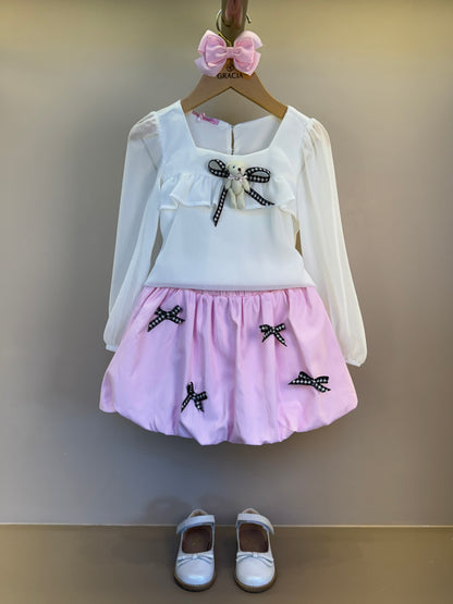 Conjunto Infantil Saia Balonê Rosa Com Lacinhos E Blusa Off Ursinho - Gabriela Aquarela