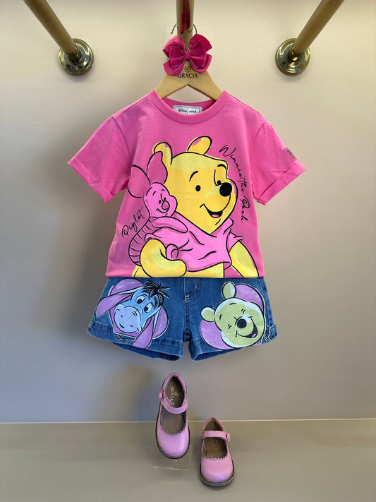 Conjunto Infantil Camiseta e Shorts Jeans Leitão & Pooh Rosa Cherry Donut - Animê Petite