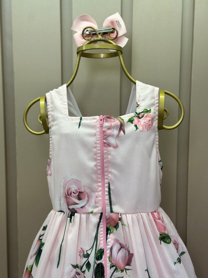 Vestido Infantil Algodão Rodado Floral Rosa Bordado Manual e Strass Rosa - Luluzinha